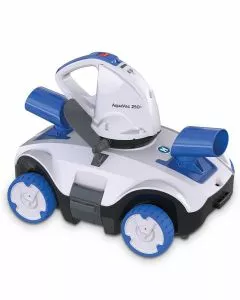 Hayward AquaVac 250Li Cordless Robotic Cleaner, a white and blue robotic cleaner with four blue wheels, two large blue water propulsion nozzles, and a top handle with control buttons.