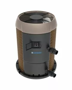 Hayward HeatPro Heat/Cool Heat Pump, 100K BTU, showing the cylindrical unit with a dark gray lower body, tan top, a large fan on top, and a control panel on the front.