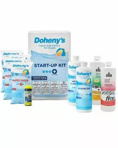 Doheny’s Pool Start-Up Kit #4 Master Kit contents, including Natural Chemistry Metal Free, Pool Magic Spring + PHOSfree, Water Clarifier, Algaecide, Super Shock, and 10 FREE test strips to prepare your pool for the new season