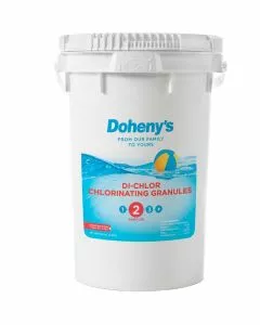 A 50 lb. bucket of Doheny's Di-Chlor Chlorinating Granules with 56% Available Chlorine, a fast-dissolving pool cleaning chemical.