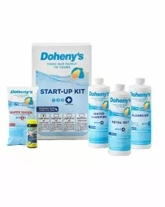 Doheny's Pool Start-Up Kit #1 for 10,000 gallon pools, featuring Metal Out, Water Clarifier, Algaecide, Super Shock, and 10 free water testing strips, all in a convenient package for easy pool opening.