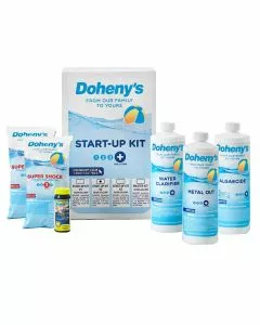 Doheny's Pool Start-Up Kit #2 for 20,000 gallon pools, including Metal Out, Water Clarifier, Algaecide, Super Shock, and 10 free water testing strips, with clear instructions for easy pool opening.