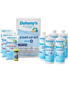 Doheny's Pool Start-Up Kit #3 for pools up to 30,000 gallons, including Metal Out, Water Clarifier, Algaecide, Super Shock, and 10 free water testing strips, with easy-to-follow instructions for a smooth pool opening.