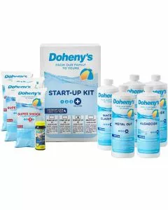 Doheny's Pool Start-Up Kit #3 for pools up to 30,000 gallons, including Metal Out, Water Clarifier, Algaecide, Super Shock, and 10 free water testing strips, with easy-to-follow instructions for a smooth pool opening.
