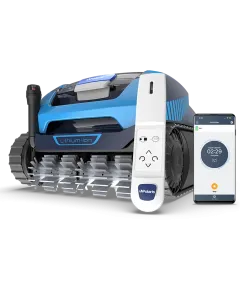 Front view of the Polaris FREEDOM Plus Inground Cordless Robotic Pool Cleaner with the remote wand and a smart phone with the app
