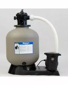 Angled front-side view of a pool pump showing the pump housing, clear strainer lid, and connected plumbing at the intake and discharge ports.