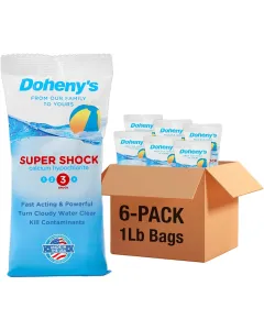 Doheny's Super Pool Shock 6-pack of 1 lb bags. Product packaging shows Calcium Hypochlorite formula designed to kill contaminants and turn cloudy water clear. Made in the USA.