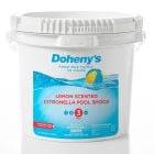 Doheny's front view of the 10 lb bucket of lemon scented citronella pool shock