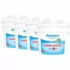 Four 25 lb. buckets of Doheny's Granular Calcium Hypochlorite pool shock, designed for powerful and effective pool sanitization.