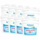 Eight 25 lb. buckets of Doheny's Granular Calcium Hypochlorite pool shock, designed for powerful and effective pool sanitization.