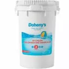 A 50 lb. bucket of Doheny's Di-Chlor Chlorinating Granules with 56% Available Chlorine, a fast-dissolving pool cleaning chemical.