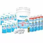 Doheny's Chemical Bundle for Inground Pools showing Doheny's Super Shock, Doheny's 1 inch Chlorine Tablets, Doheny's Algaecide 60, and Doheny's Water Clarifier Plus.