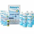 Doheny's Pool Start-Up Kit #3 for pools up to 30,000 gallons, including Metal Out, Water Clarifier, Algaecide, Super Shock, and 10 free water testing strips, with easy-to-follow instructions for a smooth pool opening.