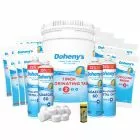 Doheny's Super Saver Value Pack with 3 in Chlorine Tabs also includes Chlorine-Free Oxi Shock,  Super Shock Plus, Algaecide 60, and Extra Strength Metal Out. 