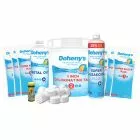 Doheny's Budget Value Pack of Chemicals to get you through pool season while saving money! Shows Doheny's 1 inch Chlorine Tablets version pack.