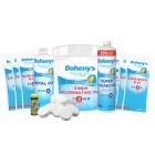 Doheny's Budget Value Pack of Chemicals to get you through pool season while saving money! Shows Doheny's 3 in Chlorine Tablets version pack.
