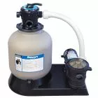 Frontal view of a pool pump showing the pump housing, intake, and clear lid over the strainer basket.