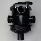 Doheny's 6-Way Pool Valve in black, showing threaded ports and multi-position control handle for sand filter compatibility