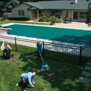 Doheny's 12 Year Mesh Safety Cover for 20x40 ft Rectangular Pool with 4 ft Radius Corners and 4x8 Left End Step 4 ft Offset, Green