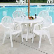 Grosfillex 46 in Round Acadia Dining Table and 4 Pacific Fanback Armchairs Set