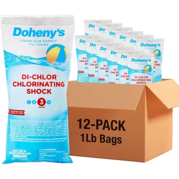 Doheny’s Di-Chlor Chlorinating Shock shown as a 12-pack of 1 lb bags