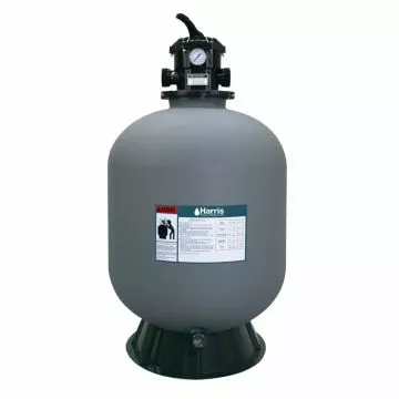 Doheny's Harris H1573060 Vortex 24-inch sand filter tank, a standalone grey cylindrical unit featuring a black multi-port valve, an integrated pressure gauge, and a sturdy black base, designed for large pool water filtration.