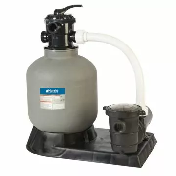 Doheny's Harris H1572228 Vortex Sand Filter System with 16-inch tank and 3/4 HP pump, showing the grey filter and black pump connected by a white hose.