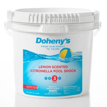Doheny's front view of the 10 lb bucket of lemon scented citronella pool shock