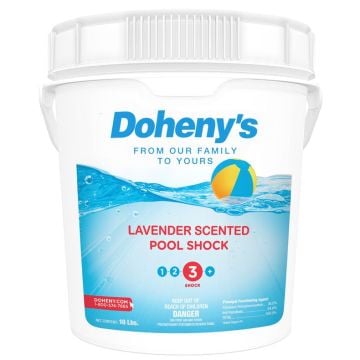 Front label of Doheny's Lavender Scented Pool Shock 10 lb Bucket