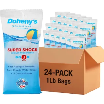 Doheny's Super Pool Shock 24 lb case with (24) 1 lb bags; 68% calcium hypochlorite sanitizer for killing pool algae and bacteria.
