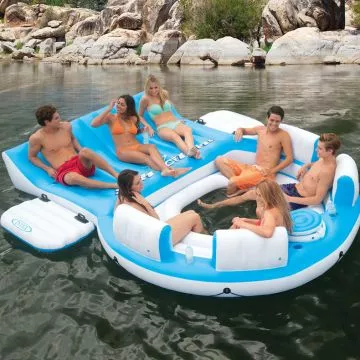 Intex Splash and Chill Island inflatable float for lakes or pools, featuring spacious seating for up to 7 adults, built-in cooler, and backrests for ultimate relaxation.