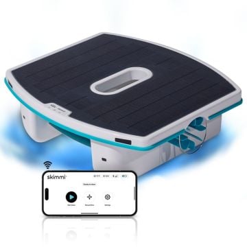 Surface Skimmer product with cell phone showing usage of the Skimmi App
