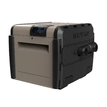 Front angle of Hayward Universal H-Series H250 Low NOx Pool Heater, 250,000 BTU, Natural Gas, showing the beige rectangular unit with black trim and a digital control panel.