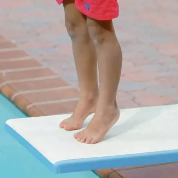 SR Smith Frontier III Diving Board, 12 ft, Blue - installed and pictured with childs feet on the board