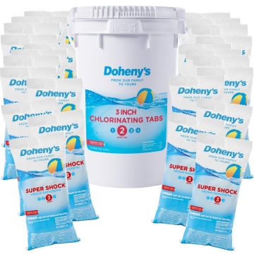 Doheny's Shock Chemical Bundle #3 with (24) 1-lb super shock bags and (1) 50-lb chlorine 3 inch tabs bucket, pool shock; shock for pools; pool shock treatment