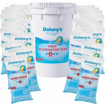 Doheny's Shock Chemical Bundle #3 with (24) 1-lb super shock bags and (1) 50-lb chlorine 3 inch tabs bucket, pool shock; shock for pools; pool shock treatment