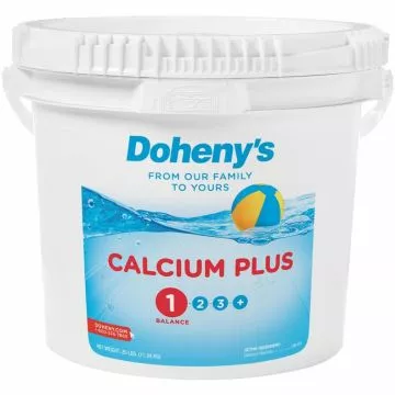 Bucket of Doheny's Calcium Plus helps prevent staining and corrosion by raising calcium levels with granular calcium chloride.