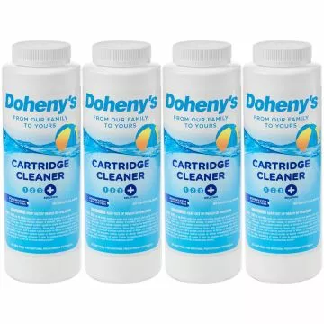 Doheny's Cartridge Cleaner is specially formulated for your filter element to clean off dirt and other contaminants. Shows four bottles in a row.