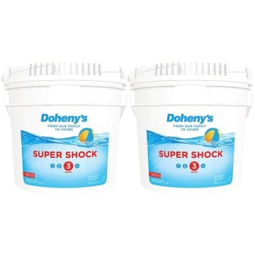 Two 25 lb. buckets of Doheny's Granular Calcium Hypochlorite pool shock, designed for powerful and effective pool sanitization.
