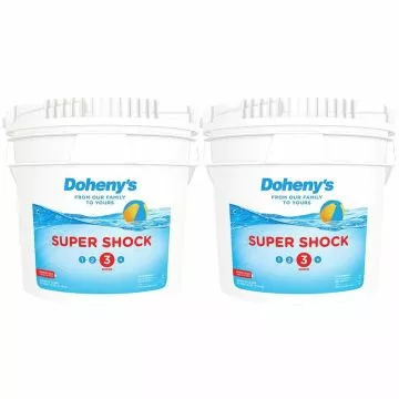 Two 25 lb. buckets of Doheny's Granular Calcium Hypochlorite pool shock, designed for powerful and effective pool sanitization.