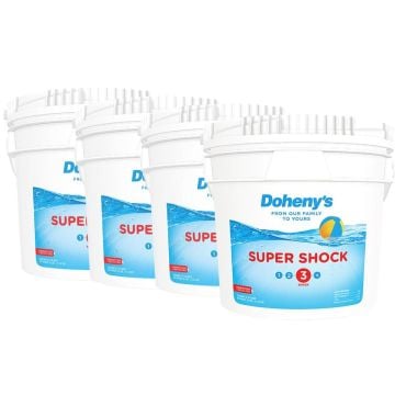 Four 25 lb. buckets of Doheny's Granular Calcium Hypochlorite pool shock, designed for powerful and effective pool sanitization.
