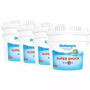 Four 25 lb. buckets of Doheny's Granular Calcium Hypochlorite pool shock, designed for powerful and effective pool sanitization.