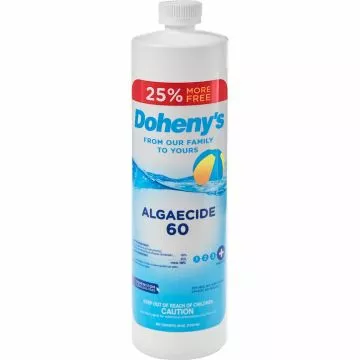 Bottle of Doheny's Algaecide 60, 1 quart size with an additional 8 ounces free, designed for preventing and treating pool algae growth.