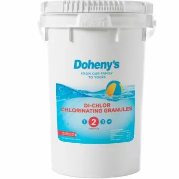 A 50 lb. bucket of Doheny's Di-Chlor Chlorinating Granules with 56% Available Chlorine, a fast-dissolving pool cleaning chemical.