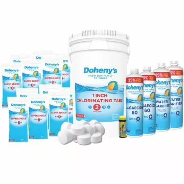 Doheny's Chemical Bundle for Inground Pools showing Doheny's Super Shock, Doheny's 1 inch Chlorine Tablets, Doheny's Algaecide 60, and Doheny's Water Clarifier Plus.
