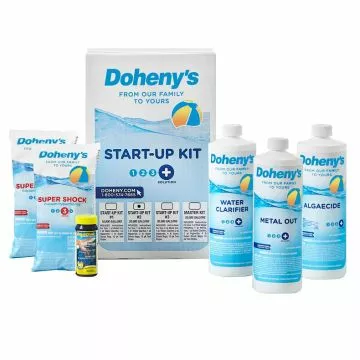 Doheny's Pool Start-Up Kit #2 for 20,000 gallon pools, including Metal Out, Water Clarifier, Algaecide, Super Shock, and 10 free water testing strips, with clear instructions for easy pool opening.