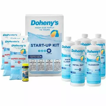 Doheny's Pool Start-Up Kit #3 for pools up to 30,000 gallons, including Metal Out, Water Clarifier, Algaecide, Super Shock, and 10 free water testing strips, with easy-to-follow instructions for a smooth pool opening.