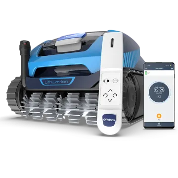 Front view of the Polaris FREEDOM Plus Inground Cordless Robotic Pool Cleaner with the remote wand and a smart phone with the app