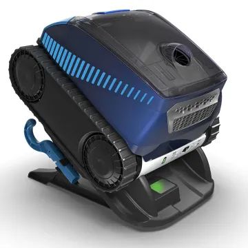 Side view of the Polaris FREEDOM Inground Cordless Robotic Pool Cleaner sitting in its docking unit