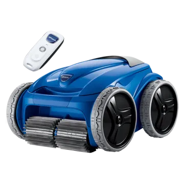 Front angled view of the Polaris 9550 Sport Inground Robotic Pool Cleaner with its remote